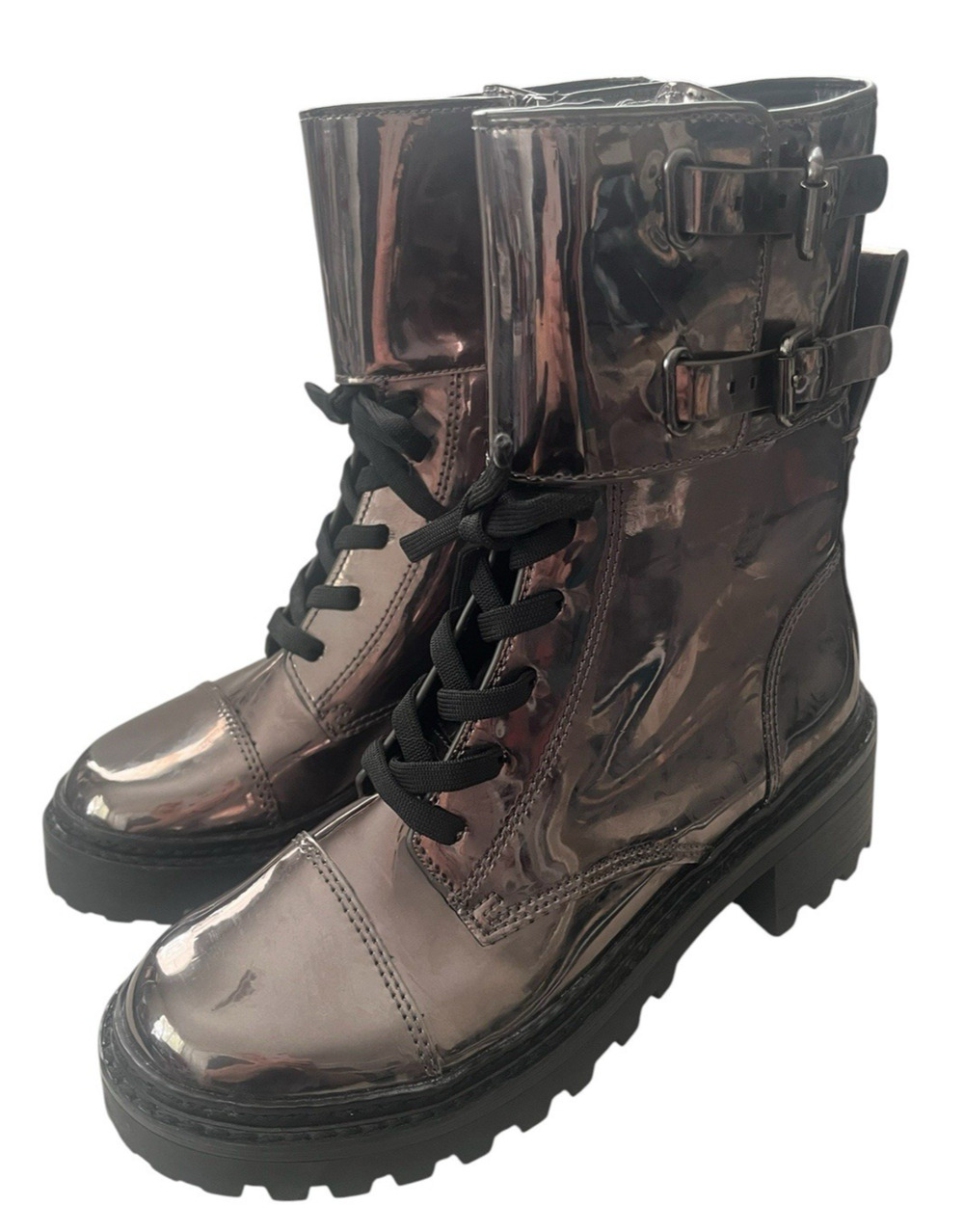 NEW DKNY Bart Combat Boot Women’s 7.5 M Metallic Gunmetal Buckle Strap Pull Tab